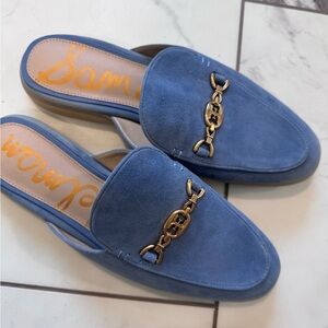 Sam Edelman Blue Suede Mules with Gold Chain